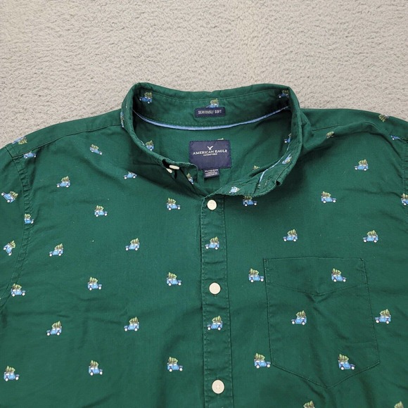 American Eagle Shirt Mens XL Green Long Sleeve Christmas Tree Button Up Soft - Picture 9 of 15